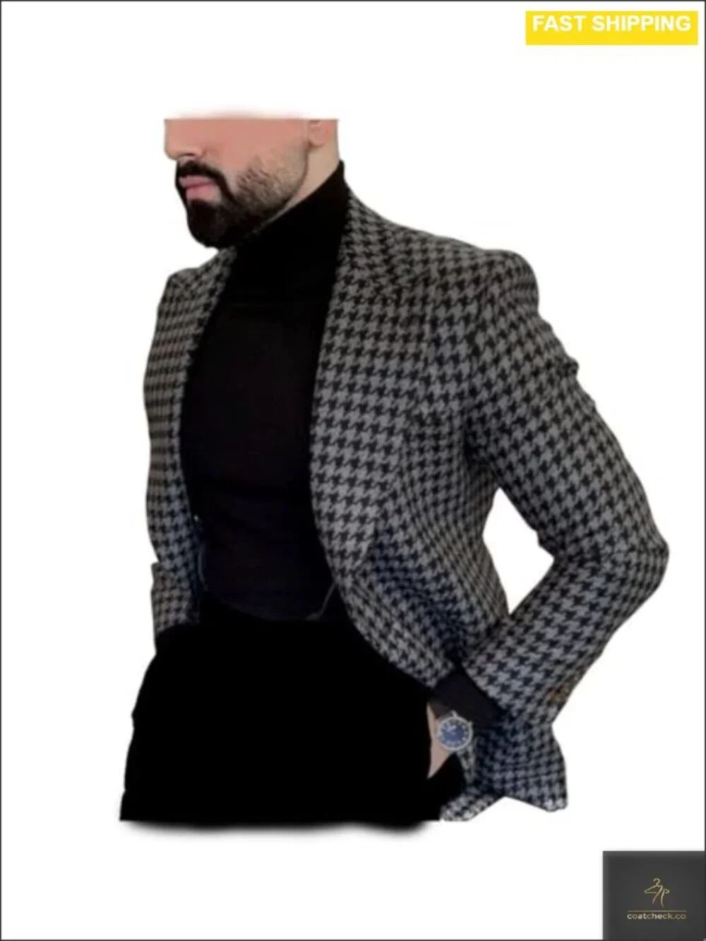 Men's Houndstooth Blazer Slim Fit One Button Peak Lapel Wedding Prom Party